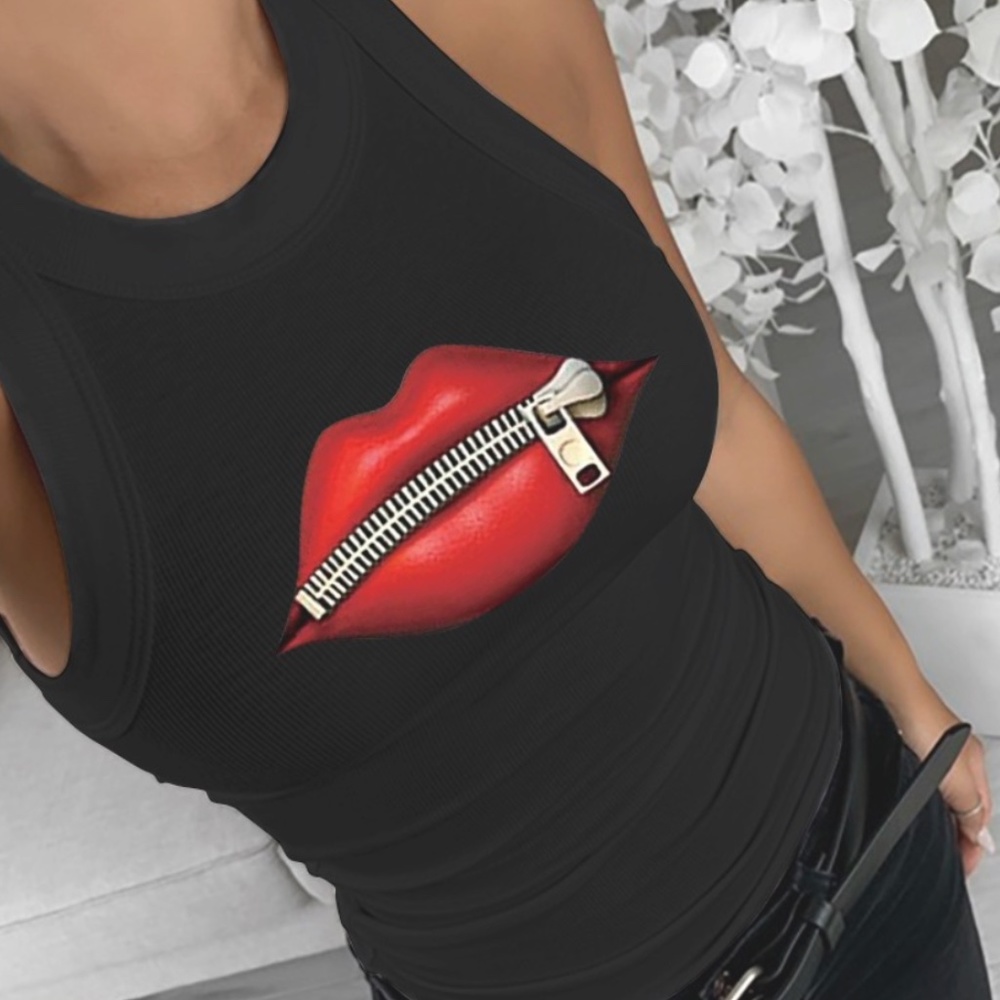 NEW RIBBED Zipper Lips Tank Top